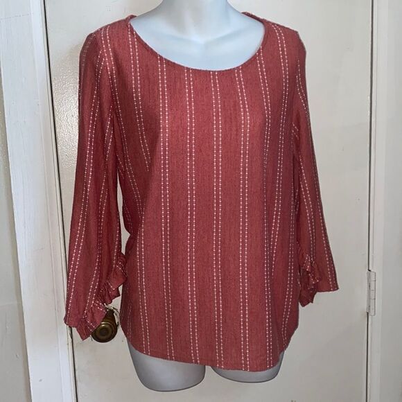 ANTHROPOLOGIE W5 Coral Dot Stripe Ruffle Sleeve Top-M - Picture 1 of 5